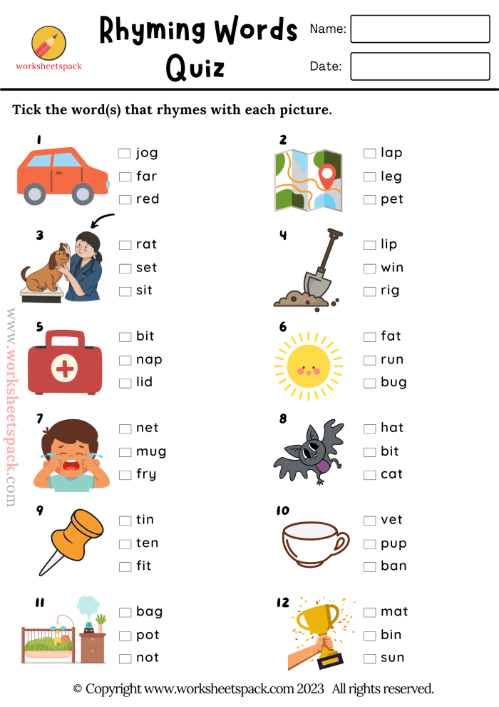 Rhyming Words For Kids Worksheet Number 8 Educational Activity First grade student completing a rhyming words matching worksheet to improve reading skills