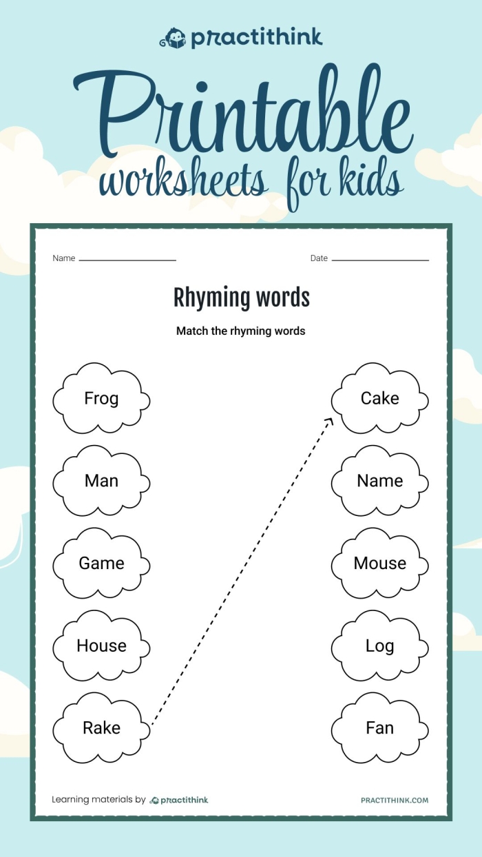 Rhyming words for kids worksheet number four for beginning readers First grade student completing a matching activity on a rhyming words worksheet