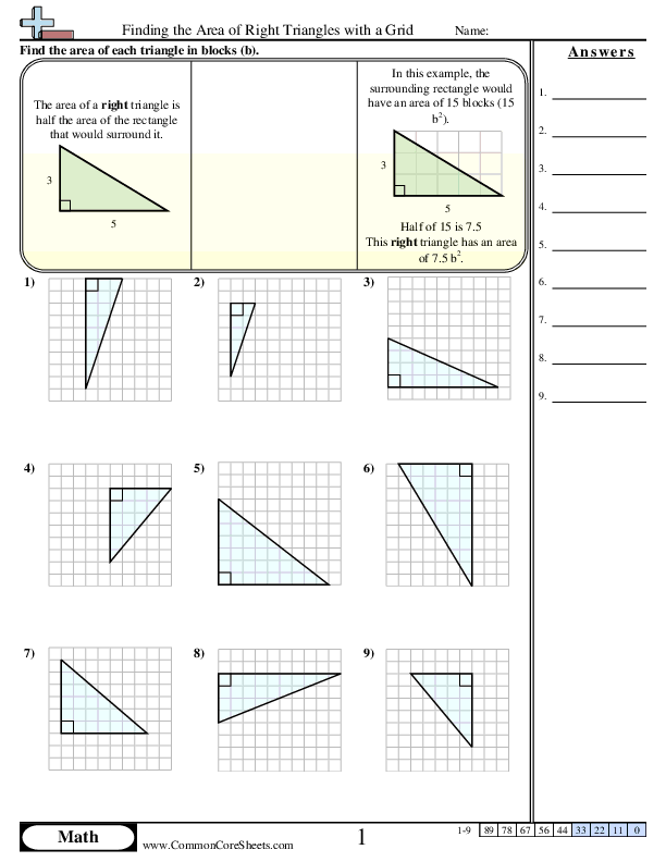 Right Triangles Area Practice Worksheet Sixth Grade Number Six Sixth grade worksheet featuring geometry practice problems for calculating the area of right triangles