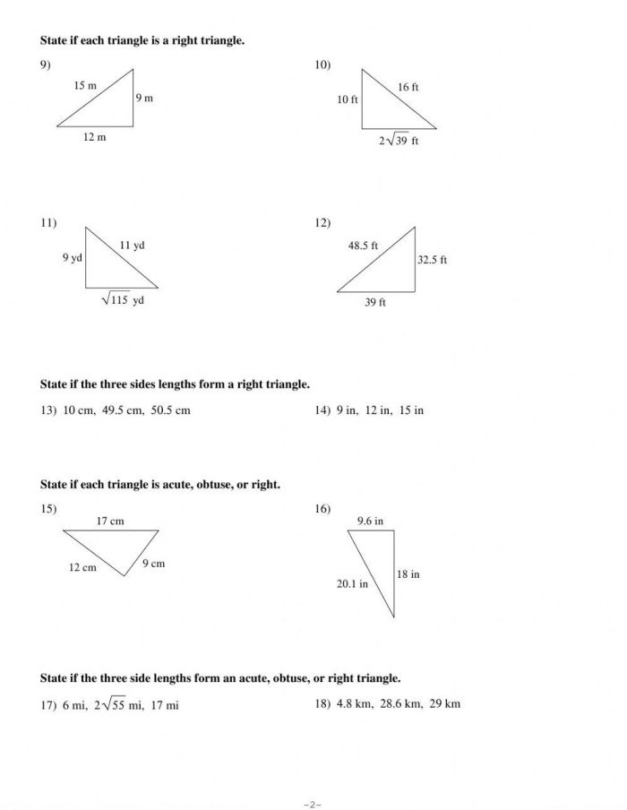 Can You Make a Right Triangle Worksheet Number 24 Eighth grade worksheet focused on determining if a set of side lengths forms a right triangle using the converse of the Pythagorean theorem