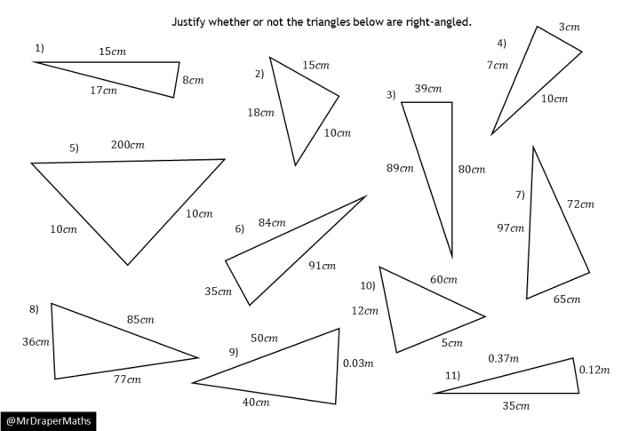 Converse of the Pythagorean Theorem Practice Worksheet Number Nine Eighth grade math worksheet focusing on determining if triangle side lengths satisfy the converse of the Pythagorean theorem