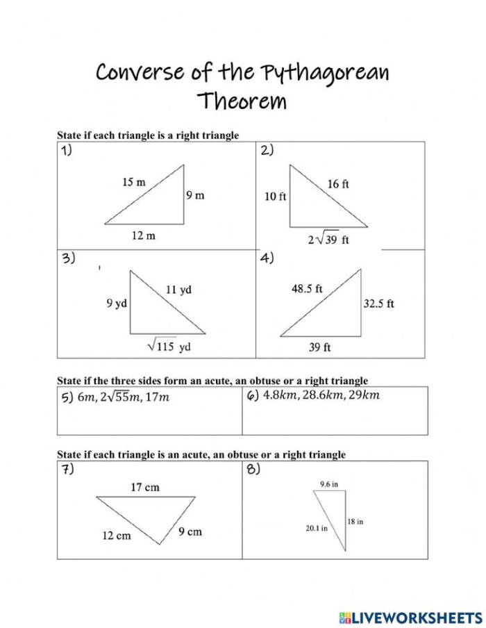 Converse of the Pythagorean Theorem Practice Worksheet 17 Eighth grade math worksheet focusing on determining if triangle side lengths satisfy the converse of the Pythagorean theorem