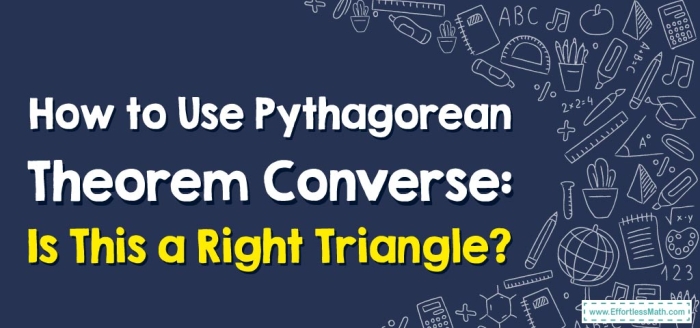 Eighth grade geometry worksheet featuring practice problems on identifying right triangles using the converse of the Pythagorean theorem