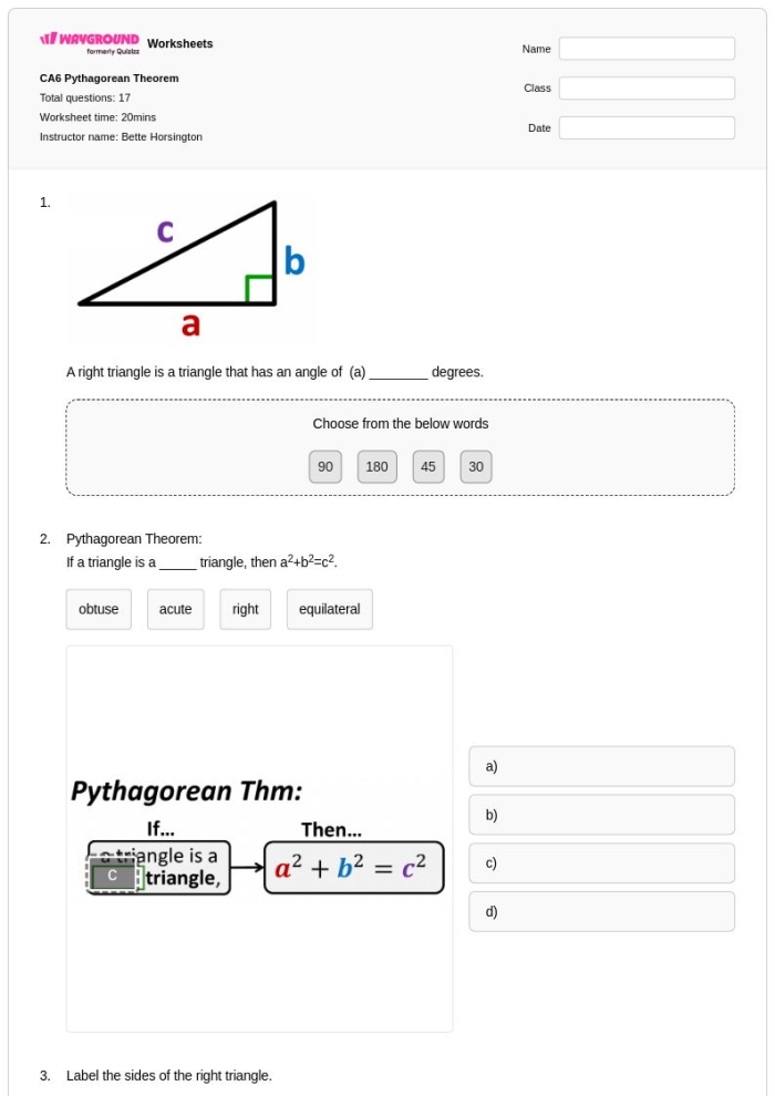 Eighth grade geometry worksheet showing triangle problems for identifying right triangles using the converse of the Pythagorean theorem