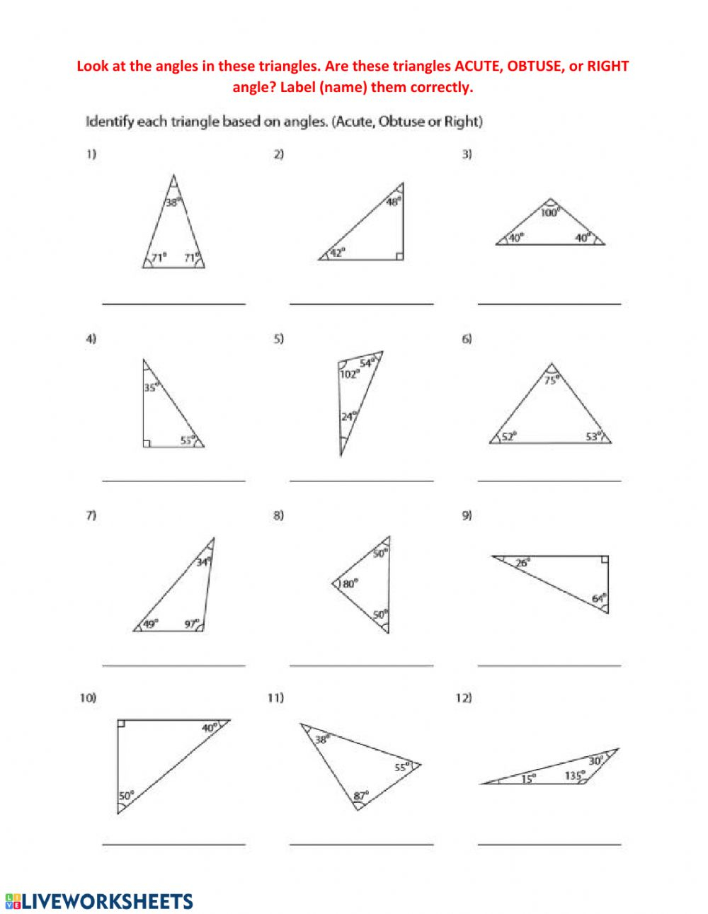 Colorful worksheet showing fourth grade students how to identify right triangles with practice exercises