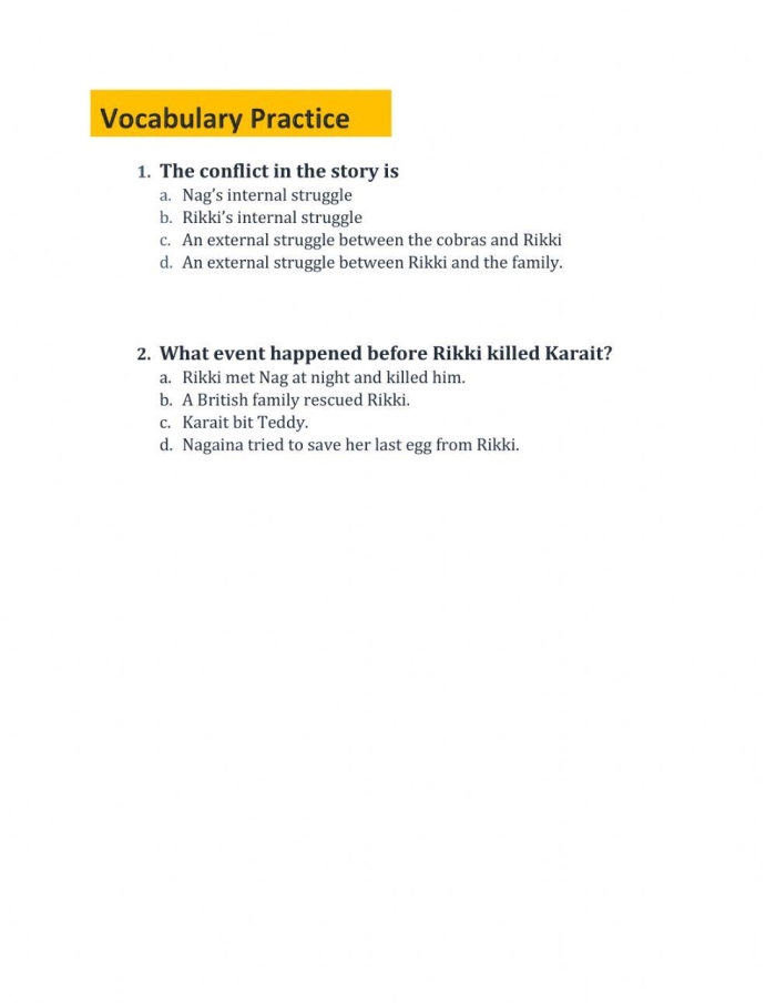 Sixth grade reading comprehension worksheet featuring a passage about Rikki-tikki-tavi for students