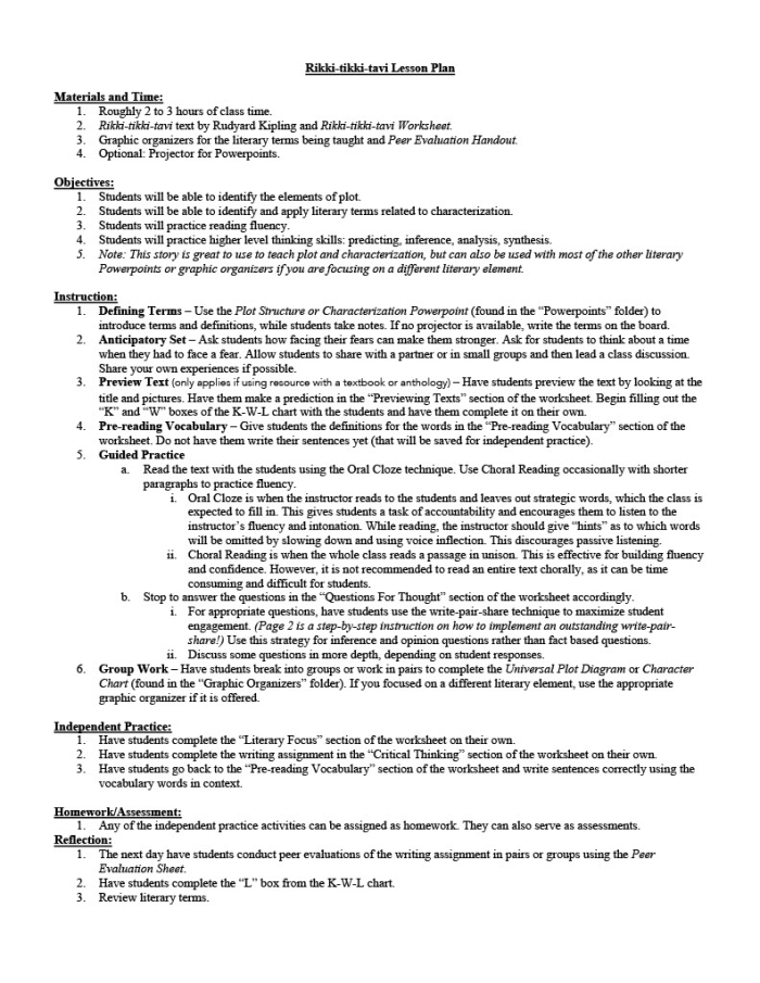 Sixth grade student reading comprehension worksheet featuring the brave mongoose character Rikki-tikki-tavi from Rudyard Kipling's classic story with discussion questions