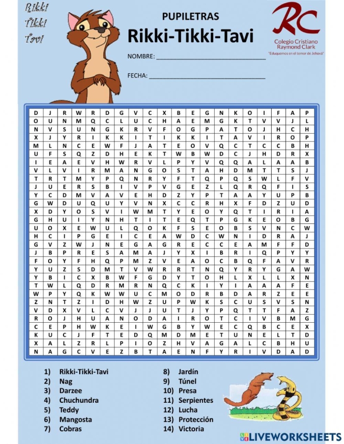 Sixth grade reading comprehension worksheet featuring a mongoose illustration for the story Rikki-tikki-tavi
