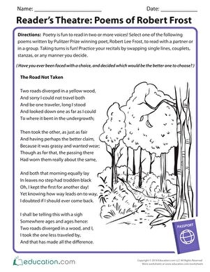 Reading Poetry The Road Not Taken worksheet for sixth grade students focusing on reading comprehension