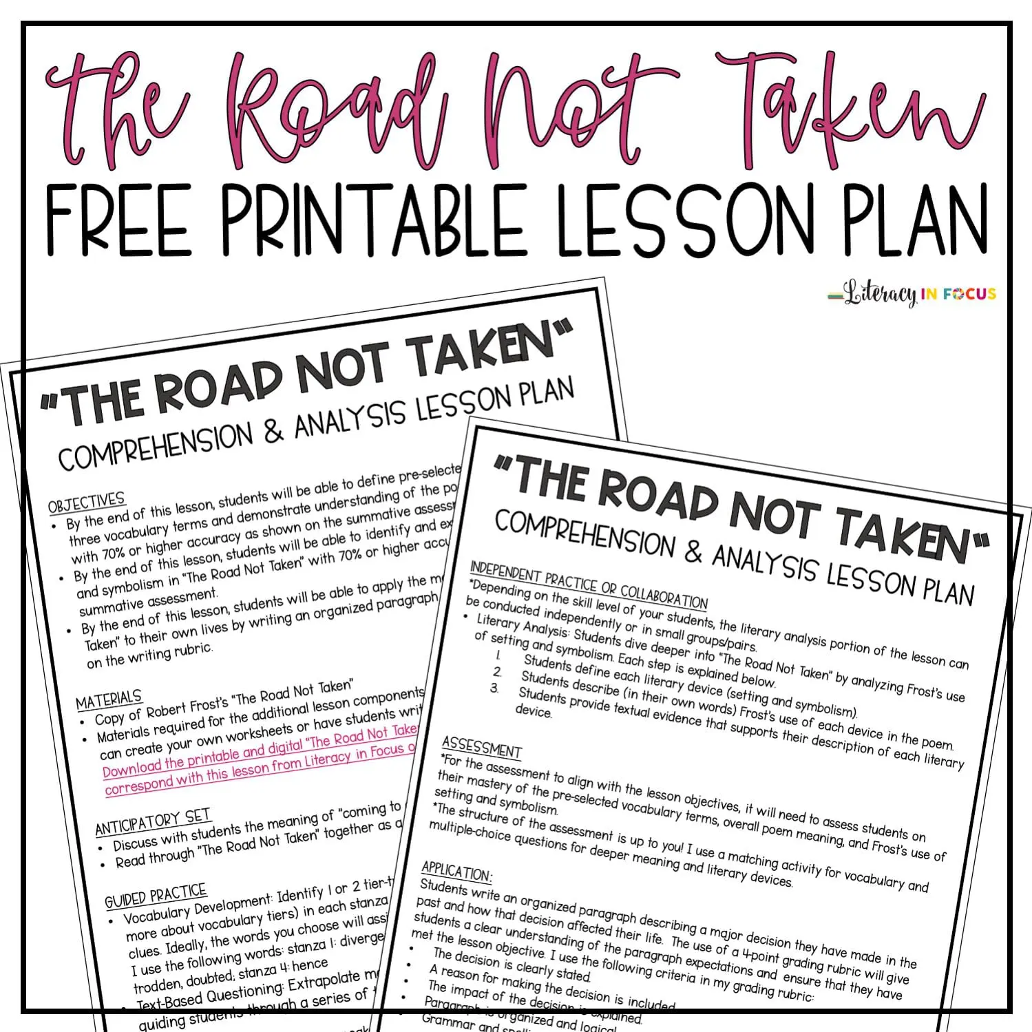 Worksheet featuring reading comprehension activities based on "The Road Not Taken" by Robert Frost. Engaging sixth-grade students with poetry analysis and interpretation techniques.