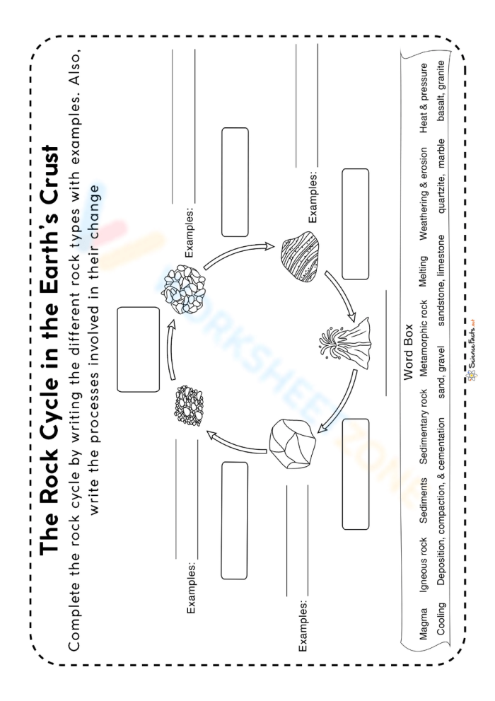 The Rock Cycle Diagram with Key Vocabulary Terms for Elementary Students Colorful diagram showing the rock cycle with arrows connecting igneous rock, sedimentary rock, and metamorphic rock with labeled processes for third grade earth science