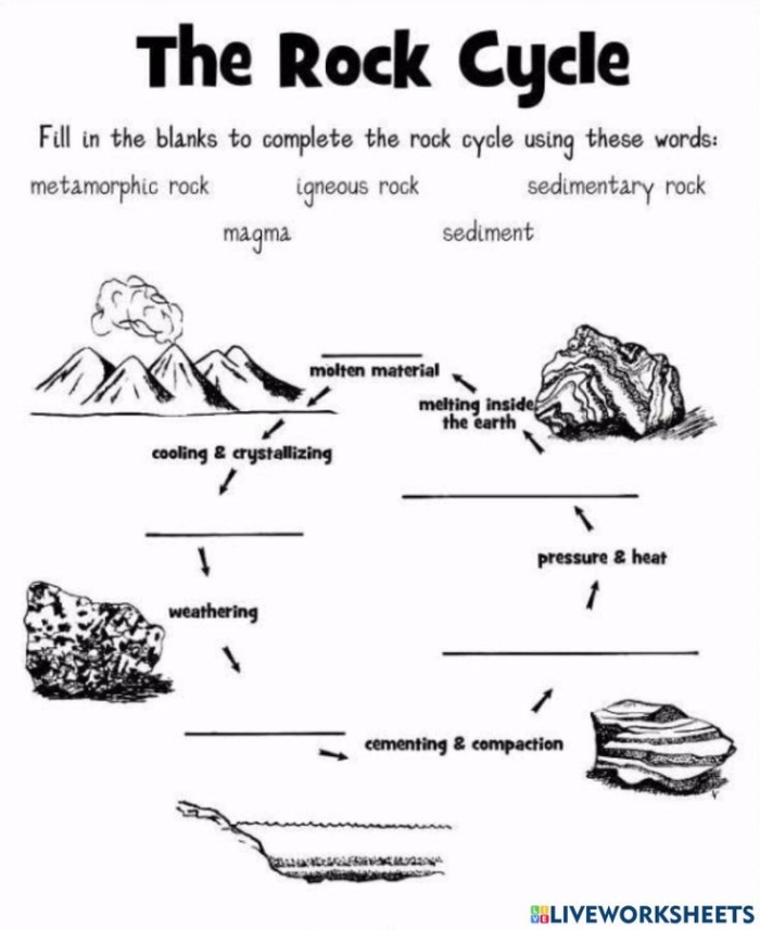 What is the Rock Cycle Worksheet for Third Grade Science Lesson 12 Third grade Earth science worksheet showing a colorful diagram of the rock cycle and key vocabulary terms