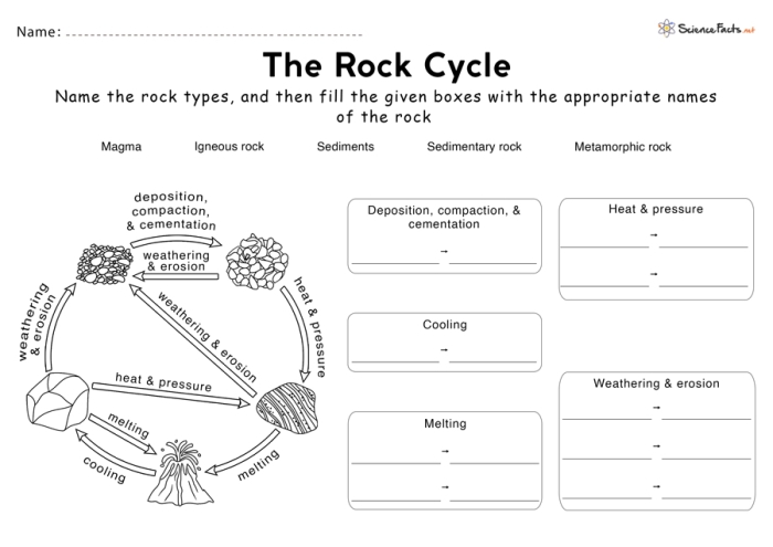 Sixth grade science worksheet showing the process of the rock cycle and energy flow
