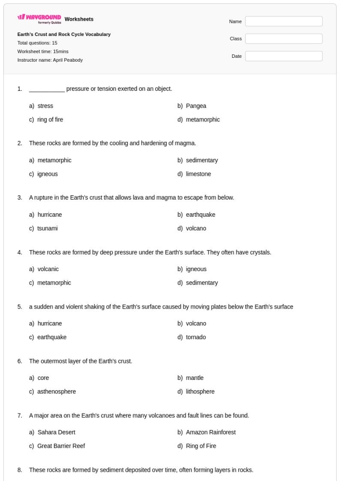 Sixth grade science worksheet featuring a vocabulary matching activity for the rock cycle process