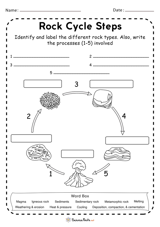 Third Grade Rock Cycle Worksheet with Labeled Diagram and Key Vocabulary Terms Colorful diagram showing the three stages of the rock cycle with arrows connecting igneous, sedimentary, and metamorphic rocks for third grade students
