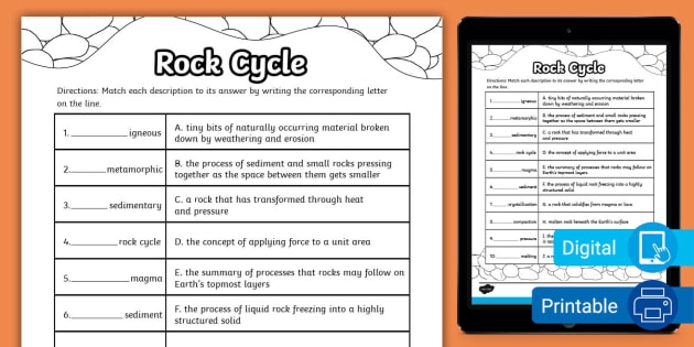 Sixth grade students matching twelve rock cycle vocabulary words to their definitions on a science worksheet