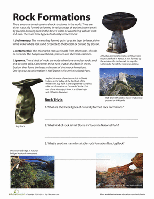 Fourth grade science worksheet focused on identifying and understanding different types of rock formations
