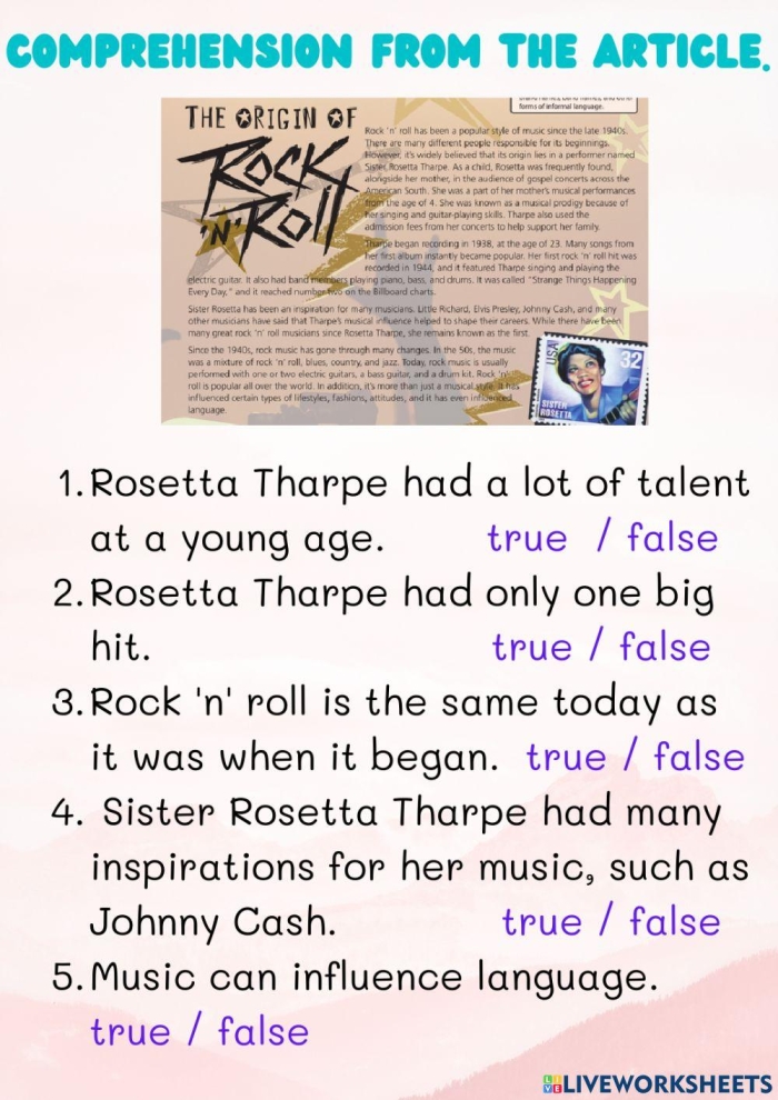Worksheet exploring the history of rock 'n' roll music and its impact on African-American culture