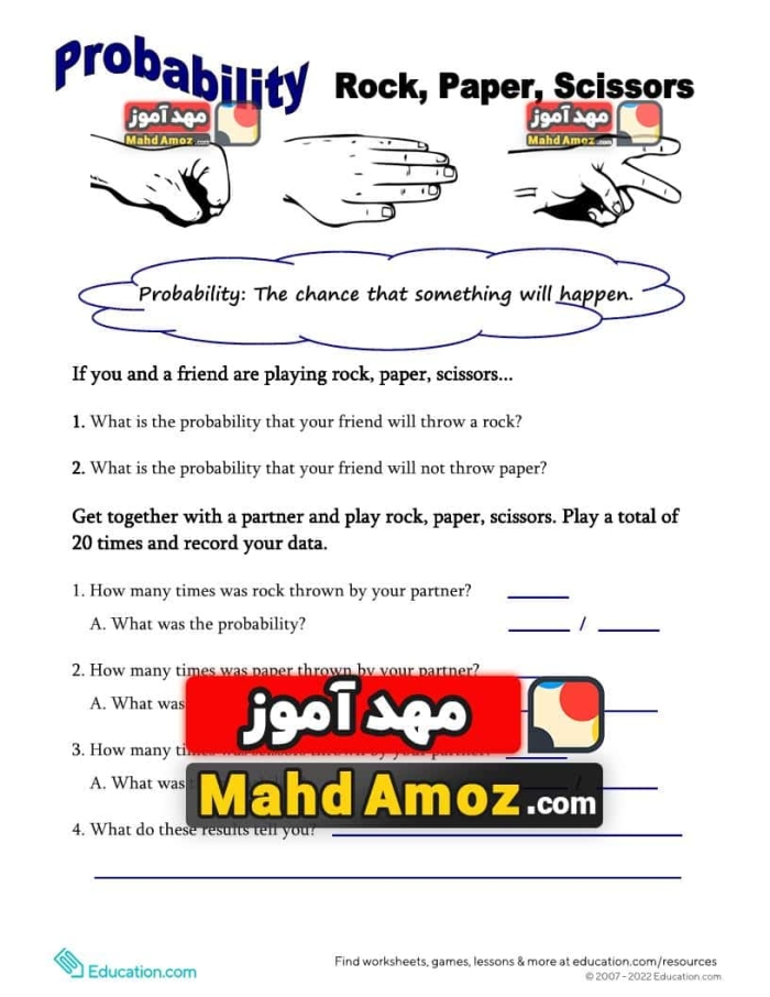 Fifth grade students learning probability concepts through a rock paper scissors game activity worksheet