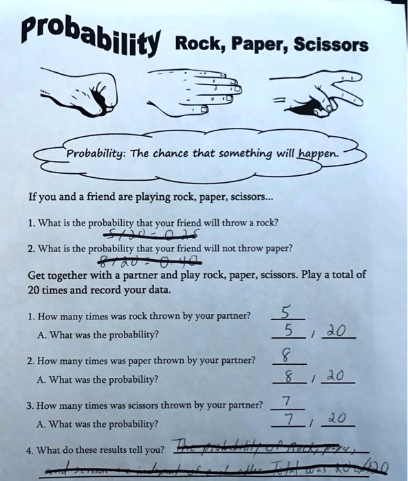 A fifth grade math worksheet featuring hand icons illustrating the game of Rock Paper Scissors to teach probability concepts.