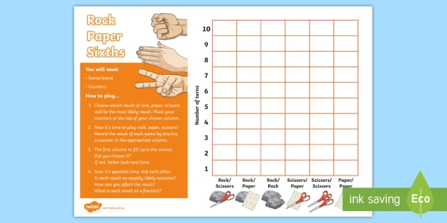 Fifth grade students learning probability concepts through a rock, paper, scissors game activity worksheet