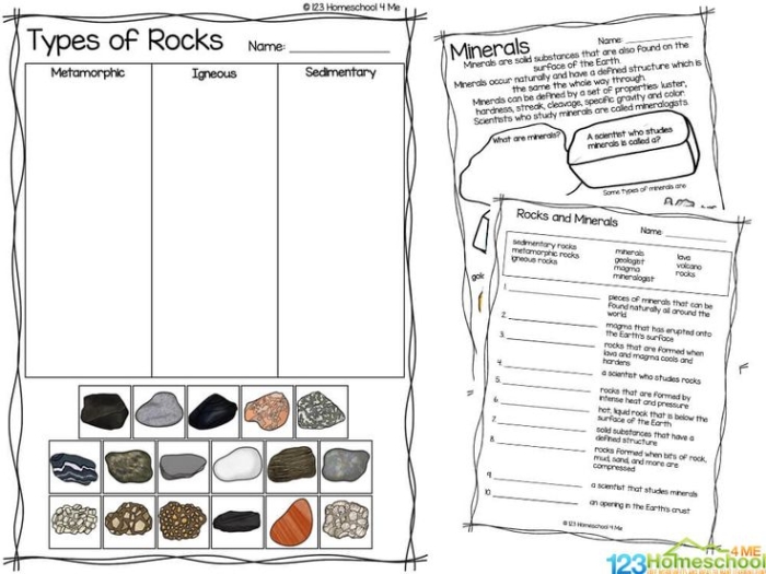 Second grade student identifying and sorting igneous, sedimentary, and metamorphic rock samples on a learning worksheet