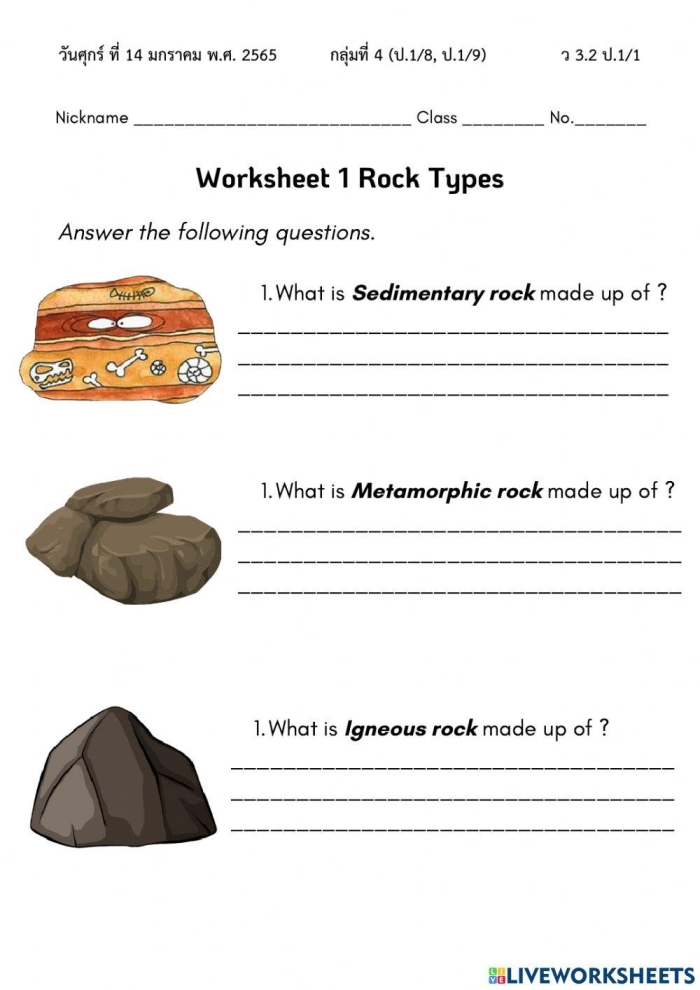 Second grade student learning about the three major types of rocks through an educational worksheet activity