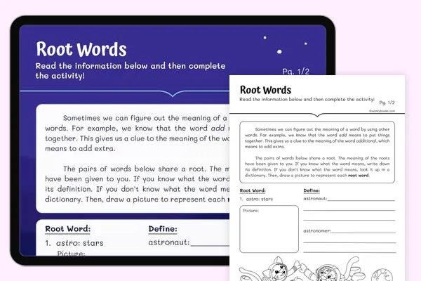 Engaging Rockin' Root Words exercise to enhance students' understanding of root words Worksheet featuring Rockin' Root Words for fifth graders focusing on vocabulary development