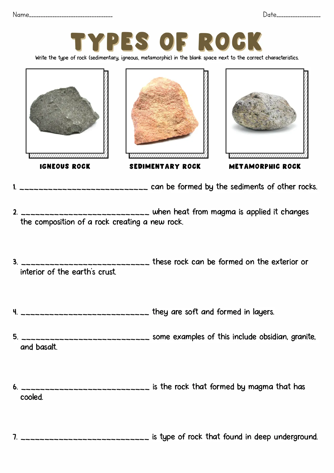 Second grade student exploring three major types of rocks with a colorful educational worksheet featuring igneous, sedimentary, and metamorphic rock examples