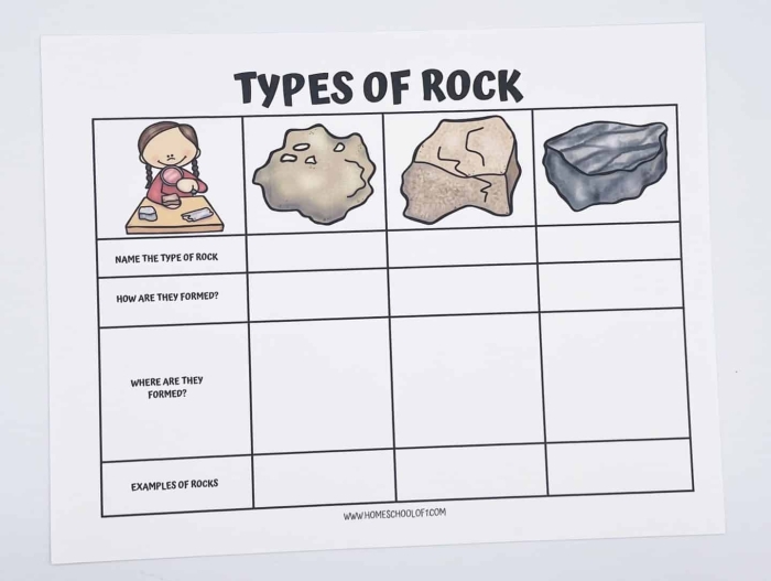 Second grade student exploring three major types of rocks through an educational worksheet activity