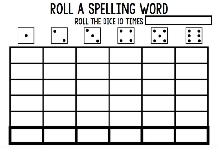 Roll a Word worksheet featuring dice and word family activities for first graders