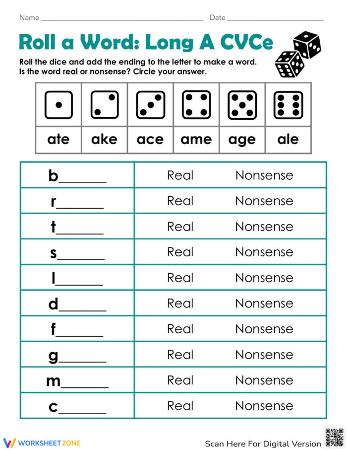 Engaging Roll a Word activity for first graders to enhance vocabulary CVCe phonics worksheet featuring dice for building long I words
