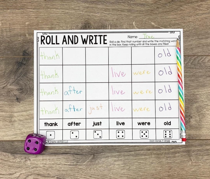 Interactive Roll a Word worksheet designed for first graders to enhance reading skills through dice games