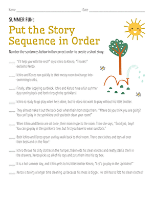 Children working on a story sequencing worksheet about roller skating friends