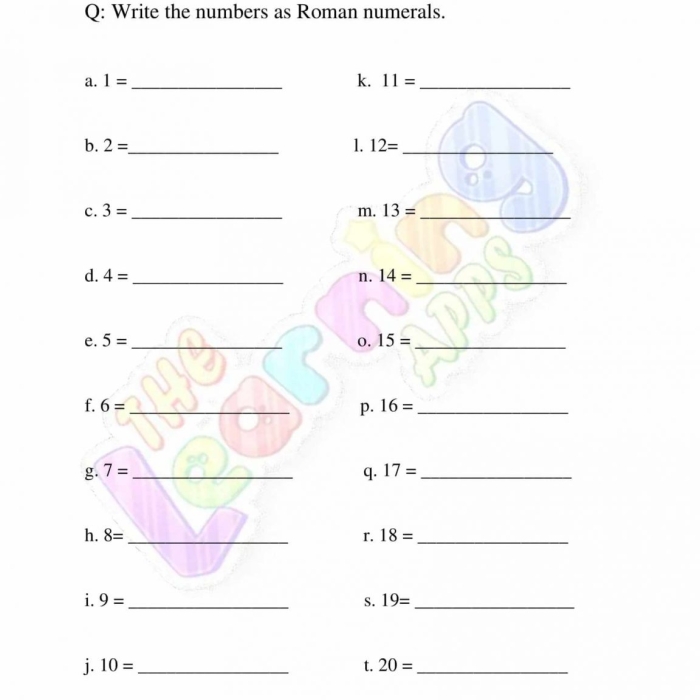 Educational Roman Numerals worksheet for engaging math puzzles and learning activities Roman Numerals worksheet designed for kids featuring a history section, conversion chart, and practice questions