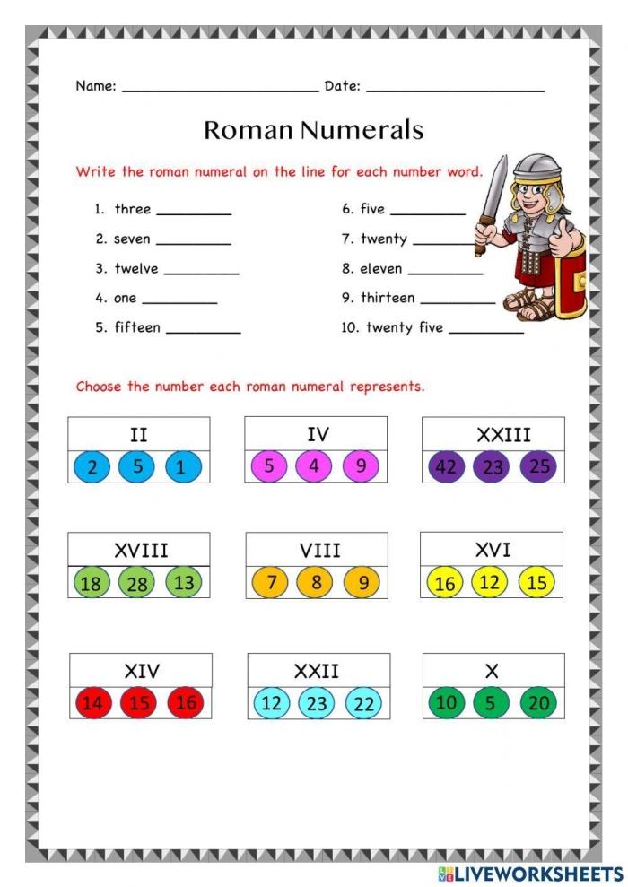 Engaging Roman Numerals educational worksheet for young learners Roman Numerals worksheet featuring a conversion chart and questions for students