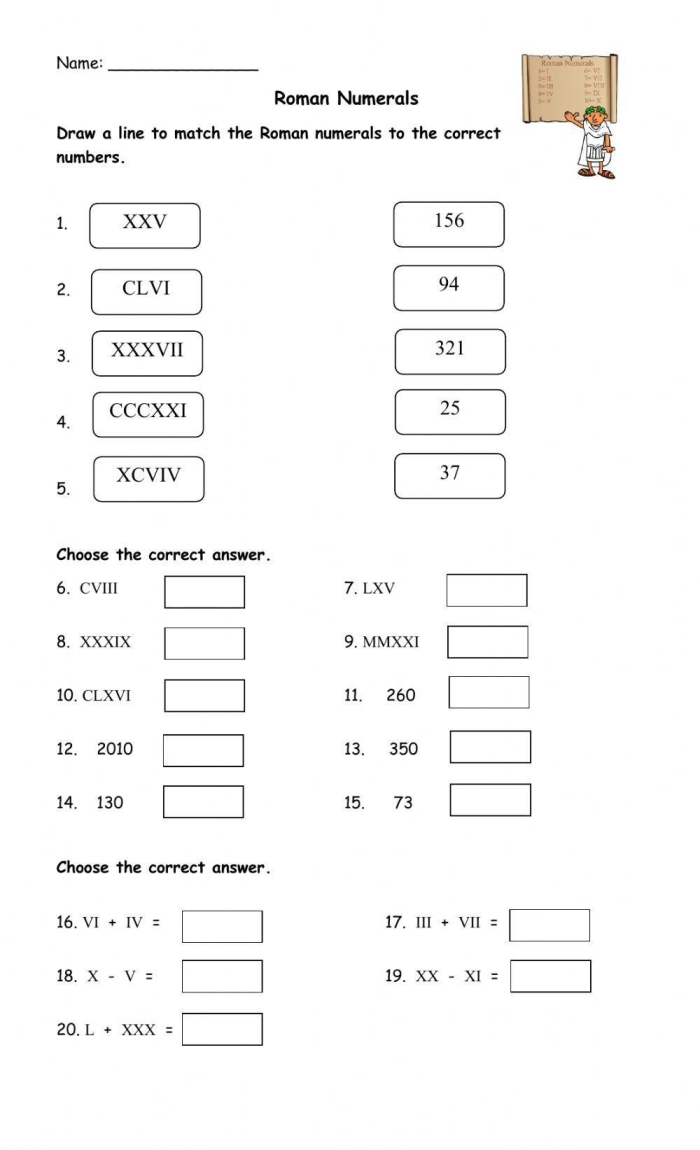 Engaging Roman Numerals educational worksheet for young learners in math puzzles Roman Numerals worksheet featuring a history overview, conversion chart, and questions for practice