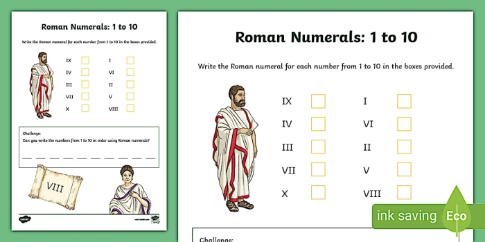 Educational resource on Roman numerals for math puzzles and grammar mechanics Worksheet featuring Roman numerals, including a history and conversion chart for kids