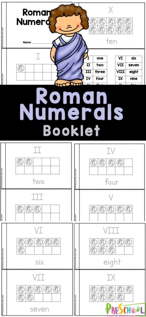 Educational resource for learning Roman numerals, ideal for math puzzles Worksheet featuring Roman numerals with a history overview and conversion chart