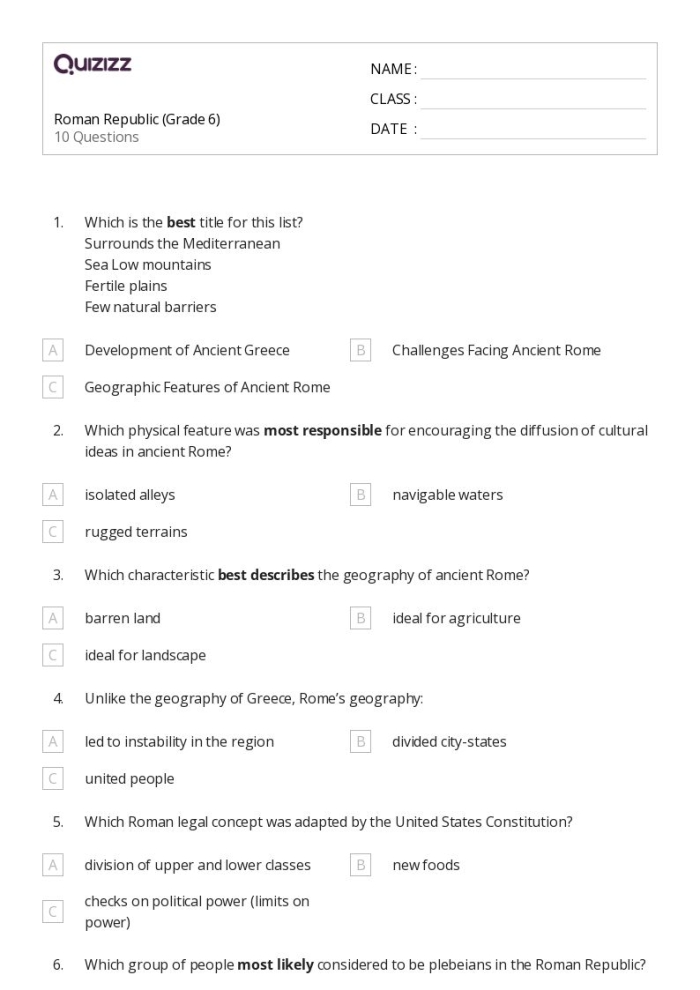 Educational resource on the Roman Republic: Structure worksheet for social studies Worksheet illustrating the structure of the Roman Republic for sixth graders