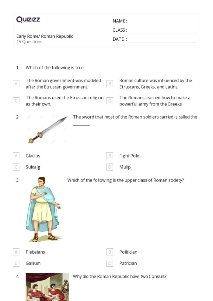 Sixth grade history worksheet comparing the Roman Republic and United States government structures