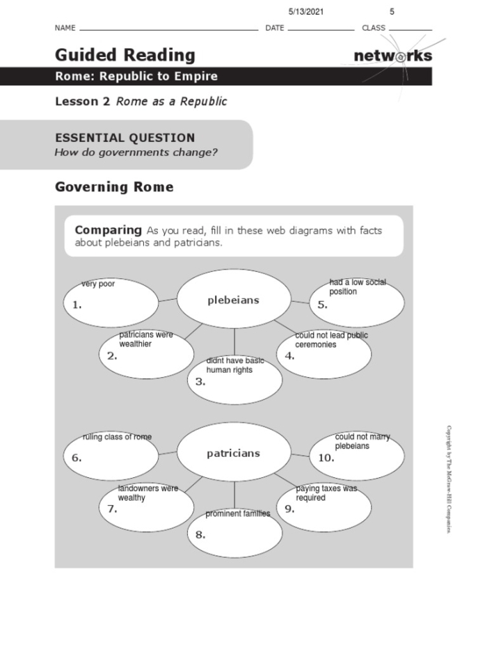 A two-page sixth grade social studies worksheet comparing government structures of the Roman Republic and the United States