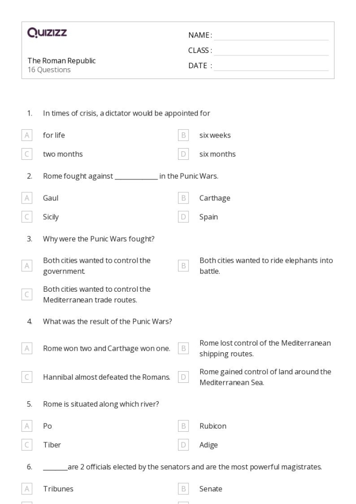 Sixth grade students exploring the structural similarities and differences between the Roman Republic and American government on a two-page worksheet