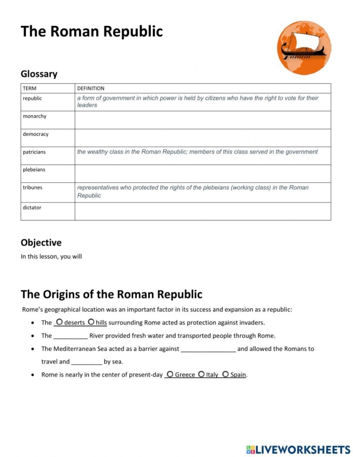 A sixth grade history worksheet comparing the structural features of the Roman Republic and the American government system