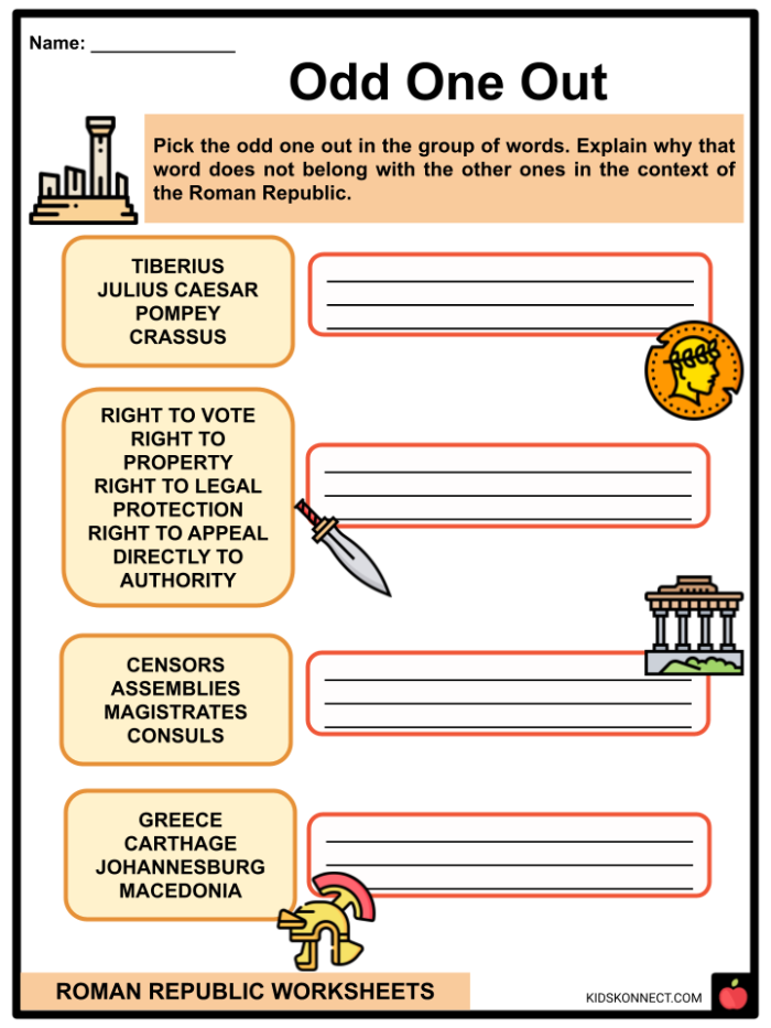 Sixth grade students comparing Roman Republic and United States government systems on a two-page worksheet activity