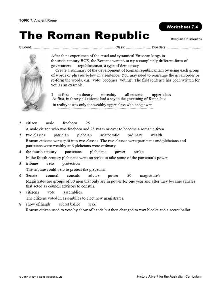 Sixth grade worksheet comparing the governmental structures and historical features of the Roman Republic and United States