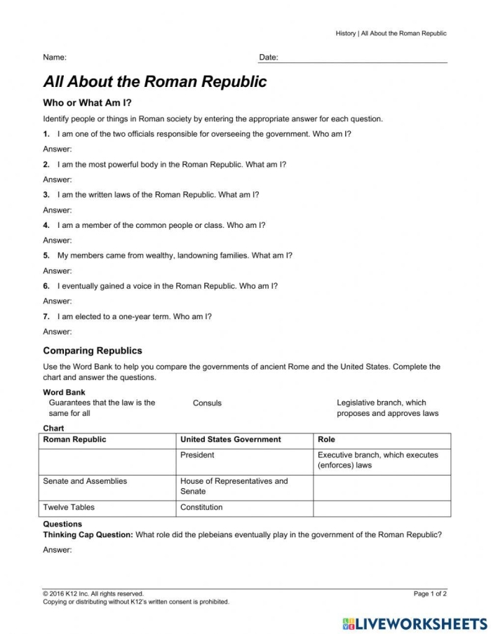 Sixth grade students comparing Roman Republic and United States government systems on a two-page worksheet with chart and questions