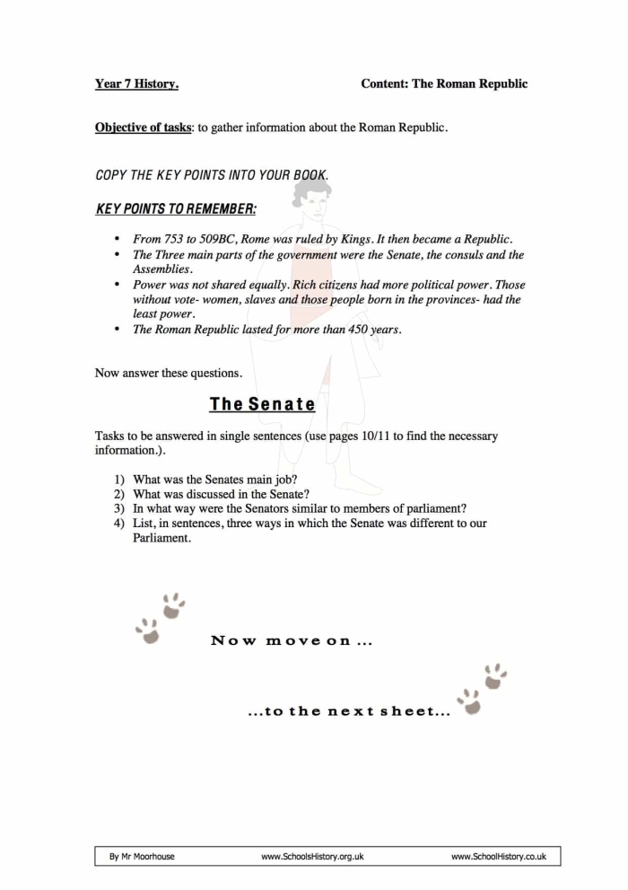 Sixth grade history worksheet comparing the Roman Republic and the American government