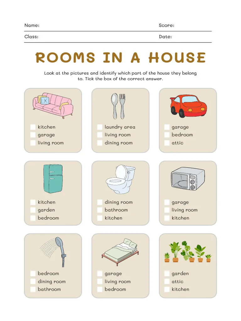 Worksheet for learning about different rooms in a house for second graders