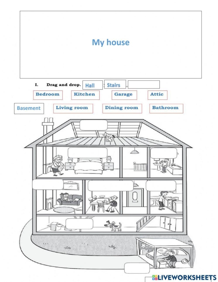 Worksheet featuring rooms in a house for second graders to practice addition. Educational activity for identifying different rooms using a word bank.